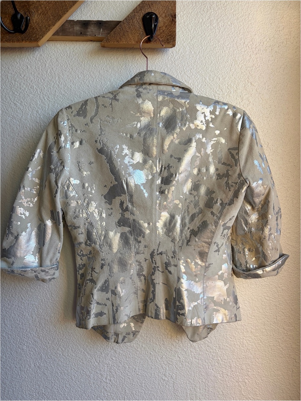 Y2K Cream Leather Blazer with Silver Foil size 4 - Picture 2 of 4